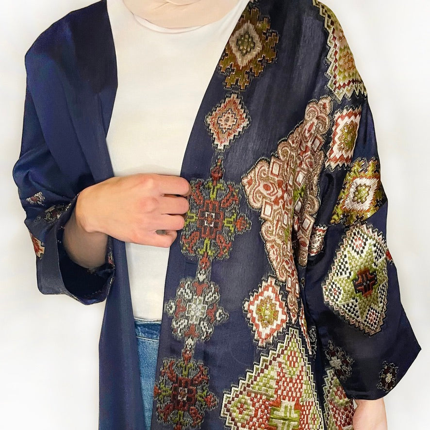 Modern Long Kimono with pink design.