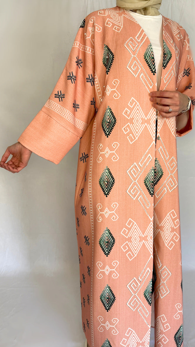 colorful kimono style abaya in peach