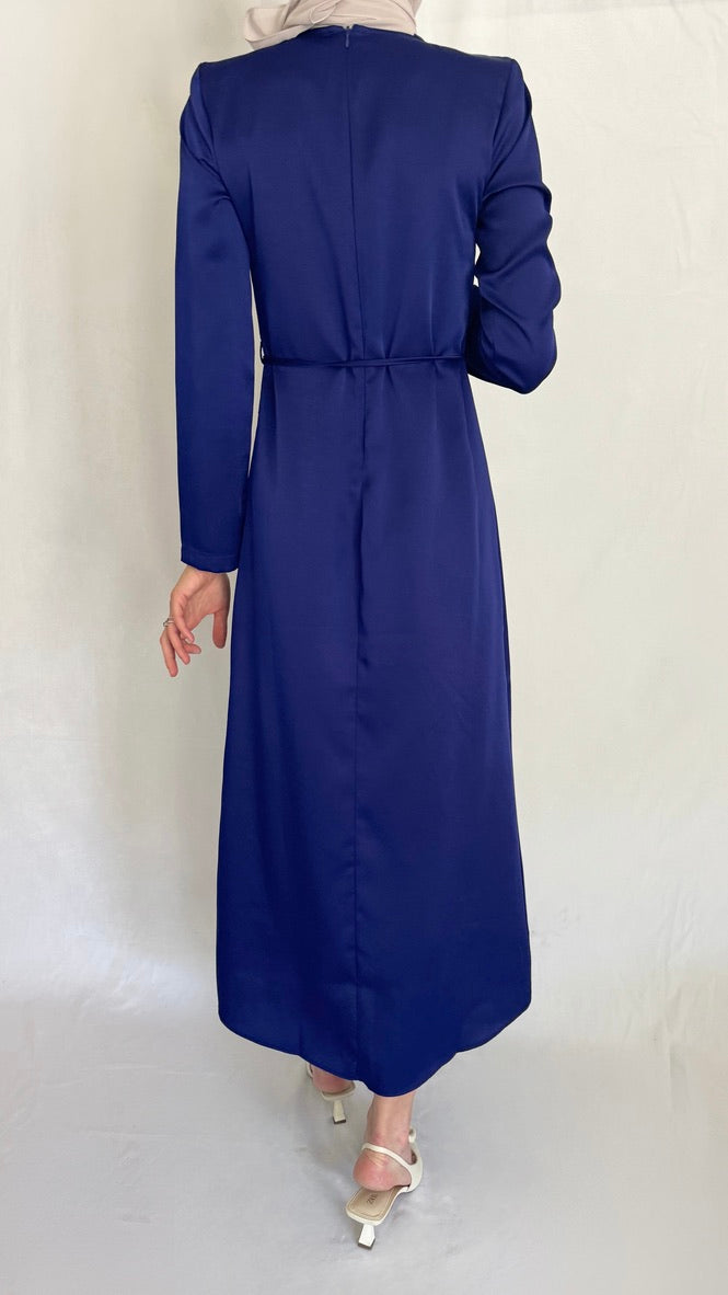 Royal Blue Satin Maxi Dress with Belt