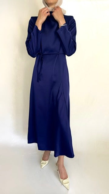 Royal Blue Satin Maxi Dress with Belt