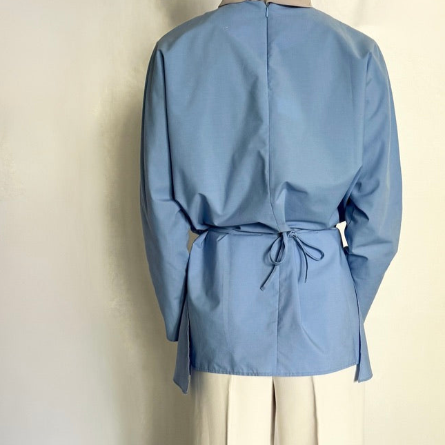 Back view of the blue tie shirt.