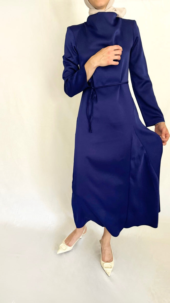 Royal Blue Satin Maxi Dress with Belt