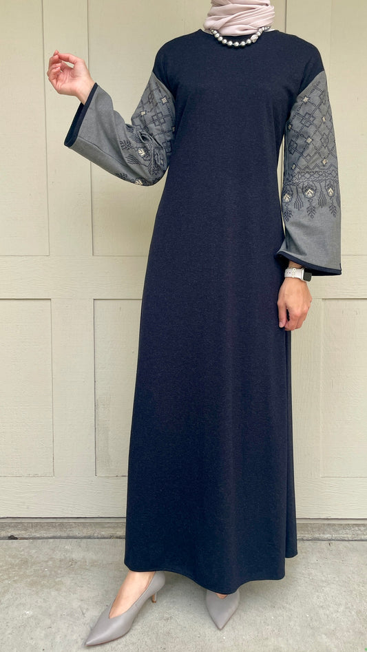 Navy winter max dress with embroidered sleeves 