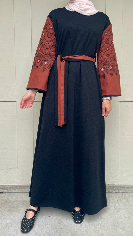 maxi dress perfect for winter with embroidered sleeves 