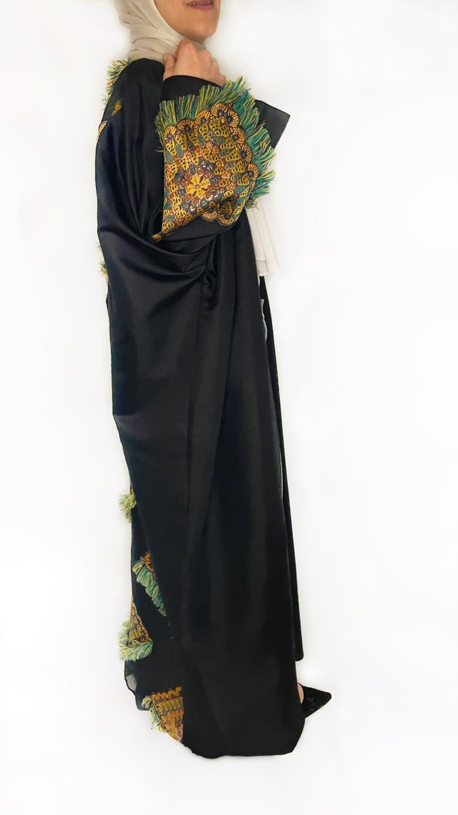 Modern Black Abaya with sheer back and green design 