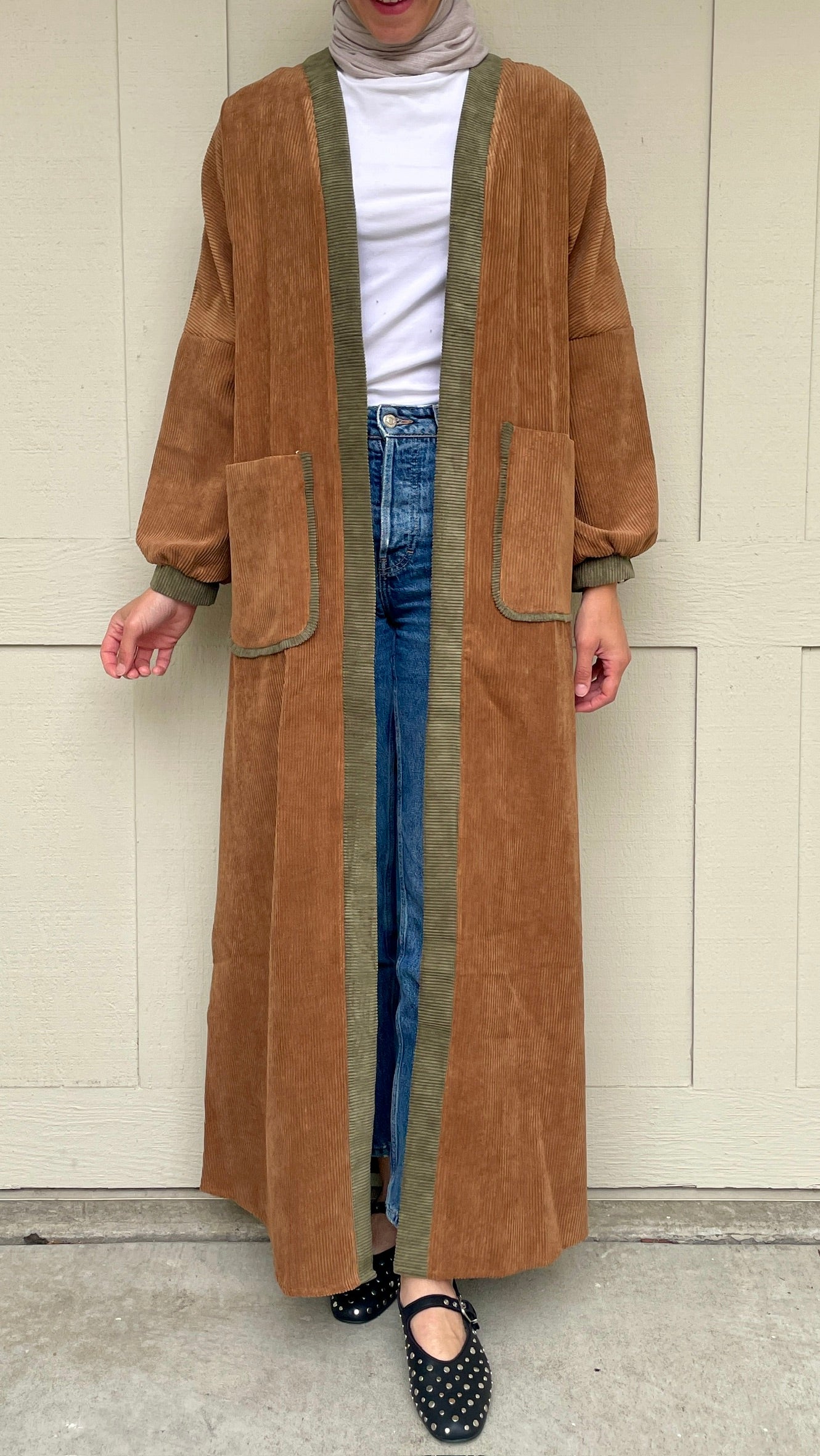 corduroy long cardigan in classic camel color perfect for winter 