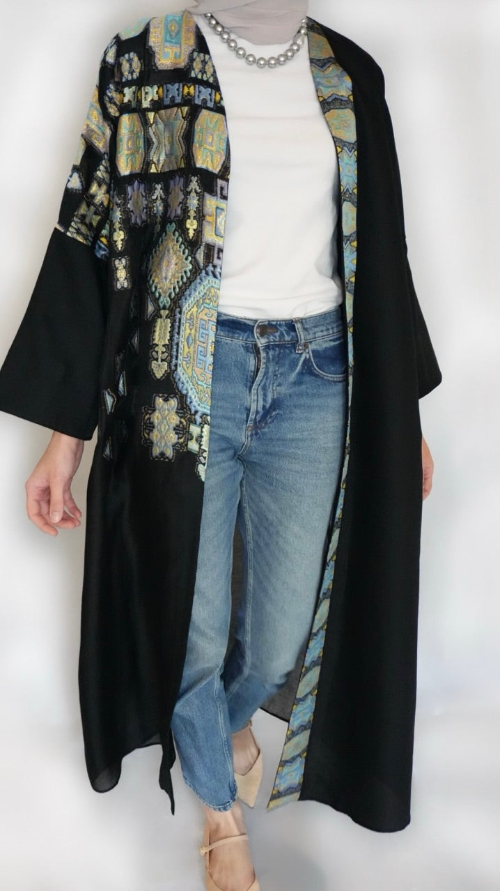 Vibrant Black Abaya with blue details 