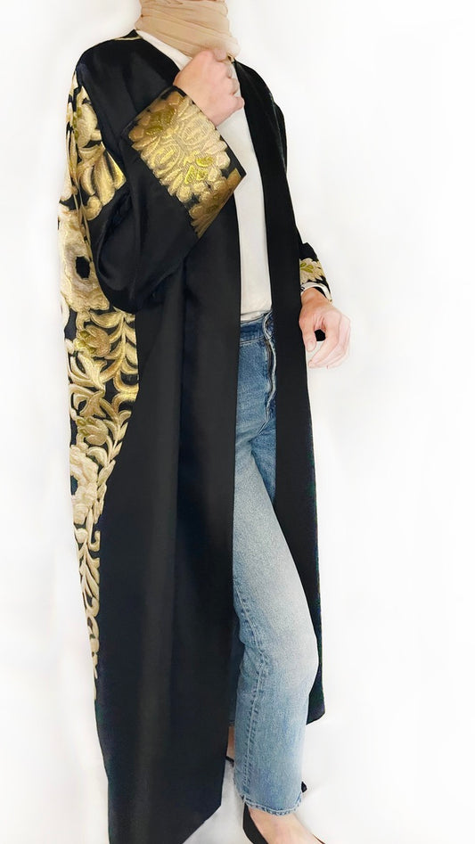 Long Black Abaya with gold flower back pattern 