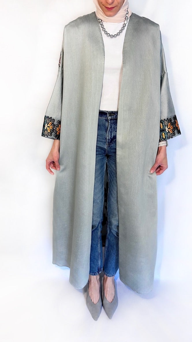 colorful long kimono in soft sage color