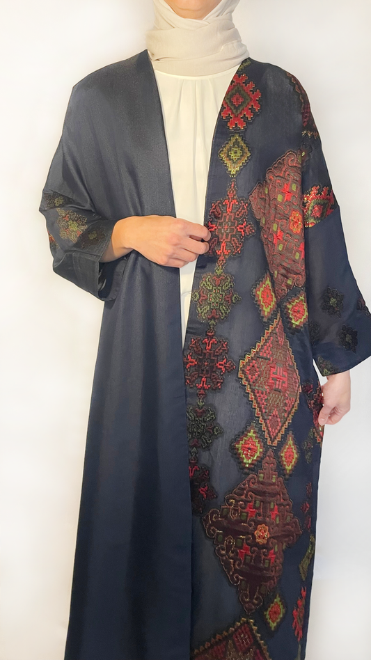 tunning Navy Long Kimono featuring a vibrant and eye-catching colorful pattern in red